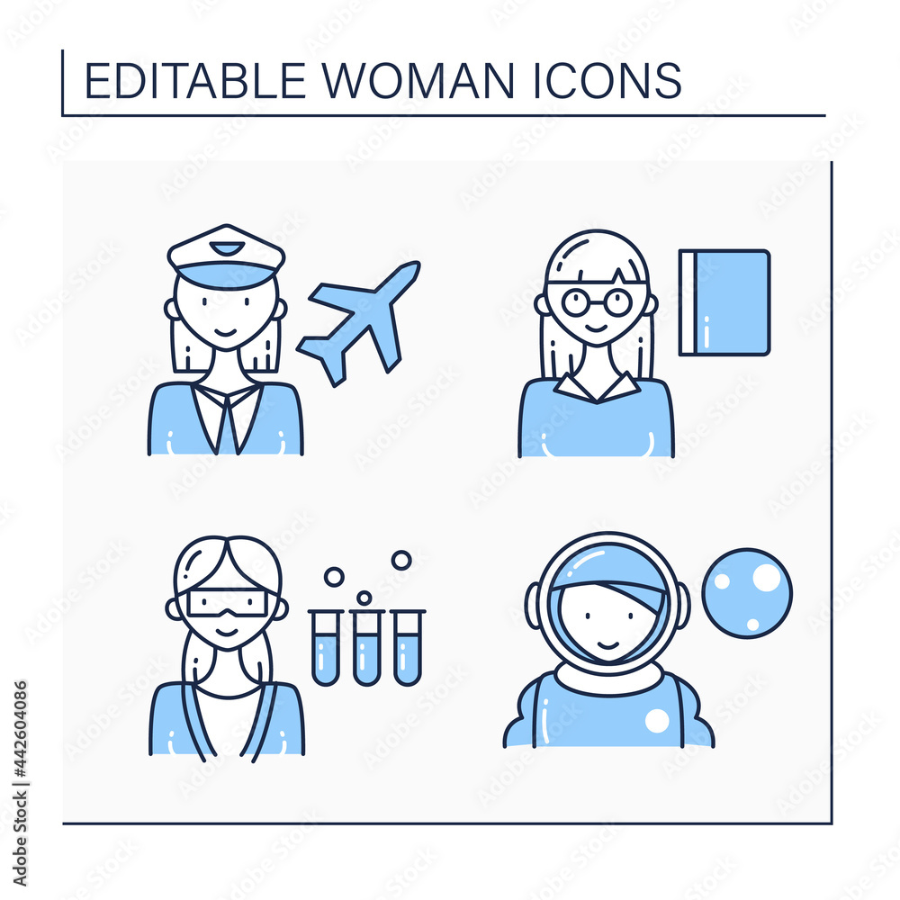 Woman line icons set. Pilot, astronaut, professor, scientist. Successful woman concept. Isolated vector illustrations.Editable stroke Woman line icons set. Pilot, astronaut, professor, scientist. Successful woman concept. Isolated vector illustrations.Editable stroke