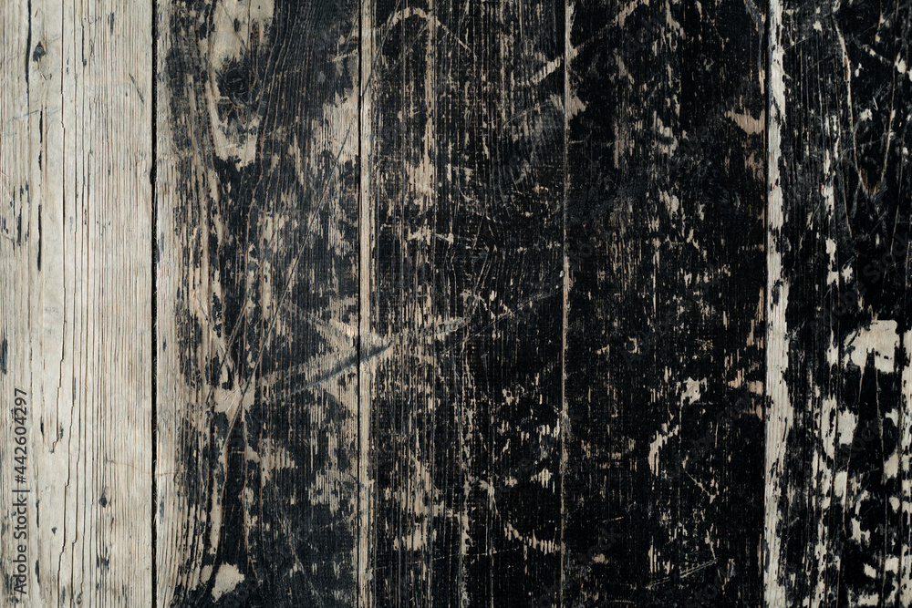 Fototapeta premium Flat lay. Top feed on wooden shabby old floor. Loft dark background. space for text