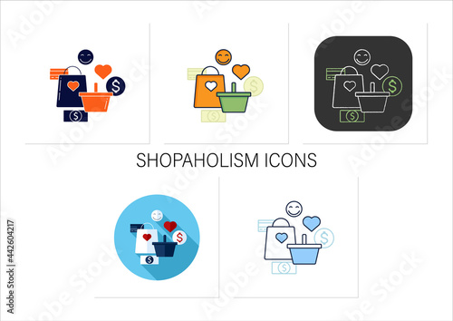 Shopaholism icons set. Thoughtless spending money. Buying unnecessary things. Positive emotions.Mindful spending.Collection of icons in linear, filled, color styles.Isolated vector illustrations