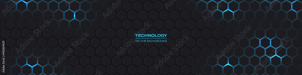 Dark grey and blue horizontal hexagonal technology abstract vector background. Blue bright energy flashes under hexagon in futuristic modern technology wide banner. Dark grey honeycomb texture grid. Dark grey and blue horizontal hexagonal technology abstract vector background. Blue bright energy flashes under hexagon in futuristic modern technology wide banner. Dark grey honeycomb texture grid.