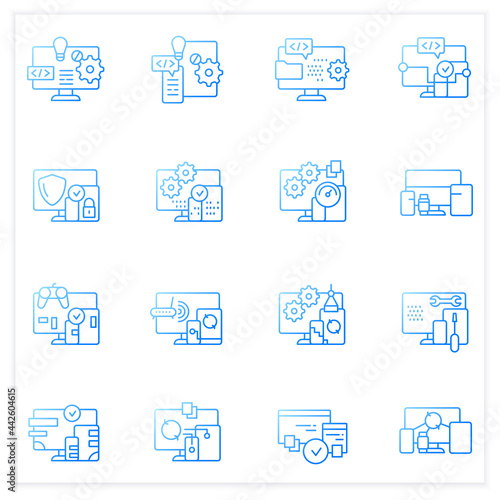 Cross platform gradient icons set. Programming environment. Platform for creating new operating systems. Synchronic between devices.Isolated vector illustrations.Suitable to banners,apps,presentation photo