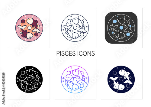 Pisces icons set. Twelfth fire sign in zodiac. Fish birth symbol. Horoscope sign template. Astrological science. Collection of icons in linear, filled, color styles.Isolated vector illustrations 