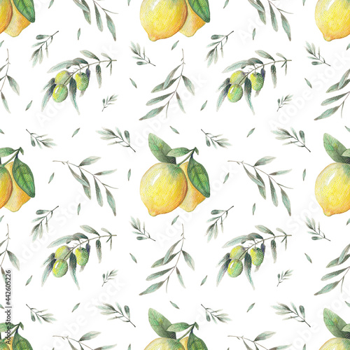 Repeat of watercolor leave olive branch and lemon on background. Botanical art. Use for design invitations, birthdays, weddings