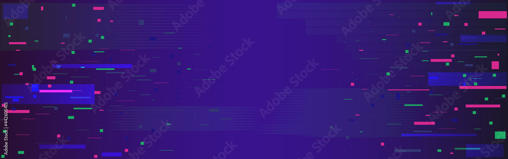 Glitch pixel backdrop. Data noise wide banner. Disintegration effect with color pixels. Digital abstract distortion and lines. Cyberpunk screen effect. Vector illustration Glitch pixel backdrop. Data noise wide banner. Disintegration effect with color pixels. Digital abstract distortion and lines. Cyberpunk screen effect. Vector illustration