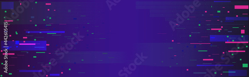 Glitch pixel backdrop. Data noise wide banner. Disintegration effect with color pixels. Digital abstract distortion and lines. Cyberpunk screen effect. Vector illustration