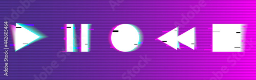 Glitch buttons set. Play, stop, pause, rewind. Digital playback buttons. Abstract modern elements. Distorted stereo shapes for banner, poster or website. Vector illustration