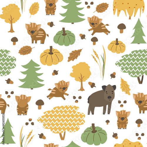 Boar family is in the forest seamless pattern. Autumn hog, little piglets animals are happy. Vector childish illustration of hand drawn leaves, acorn, pumpkin, mushrooms, christmas trees