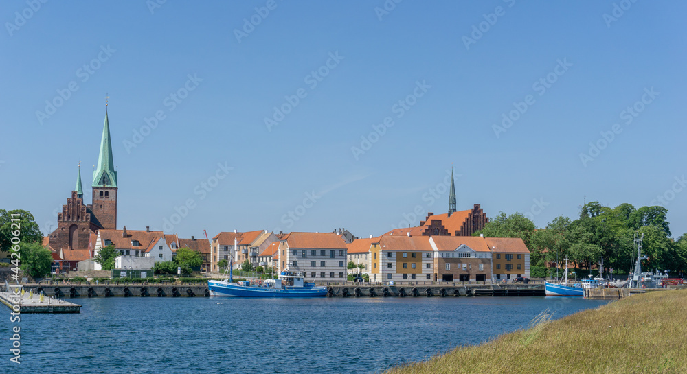 cityscape of the harbor and old town of Helsingor in northern Denmark