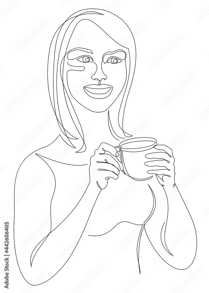 Silhouettes of a lady, she is holding a cup of coffee, tea in a modern one-line style. Solid line, aesthetic outline for home decor, posters, stickers, logo. Vector illustration. Silhouettes of a lady, she is holding a cup of coffee, tea in a modern one-line style. Solid line, aesthetic outline for home decor, posters, stickers, logo. Vector illustration.