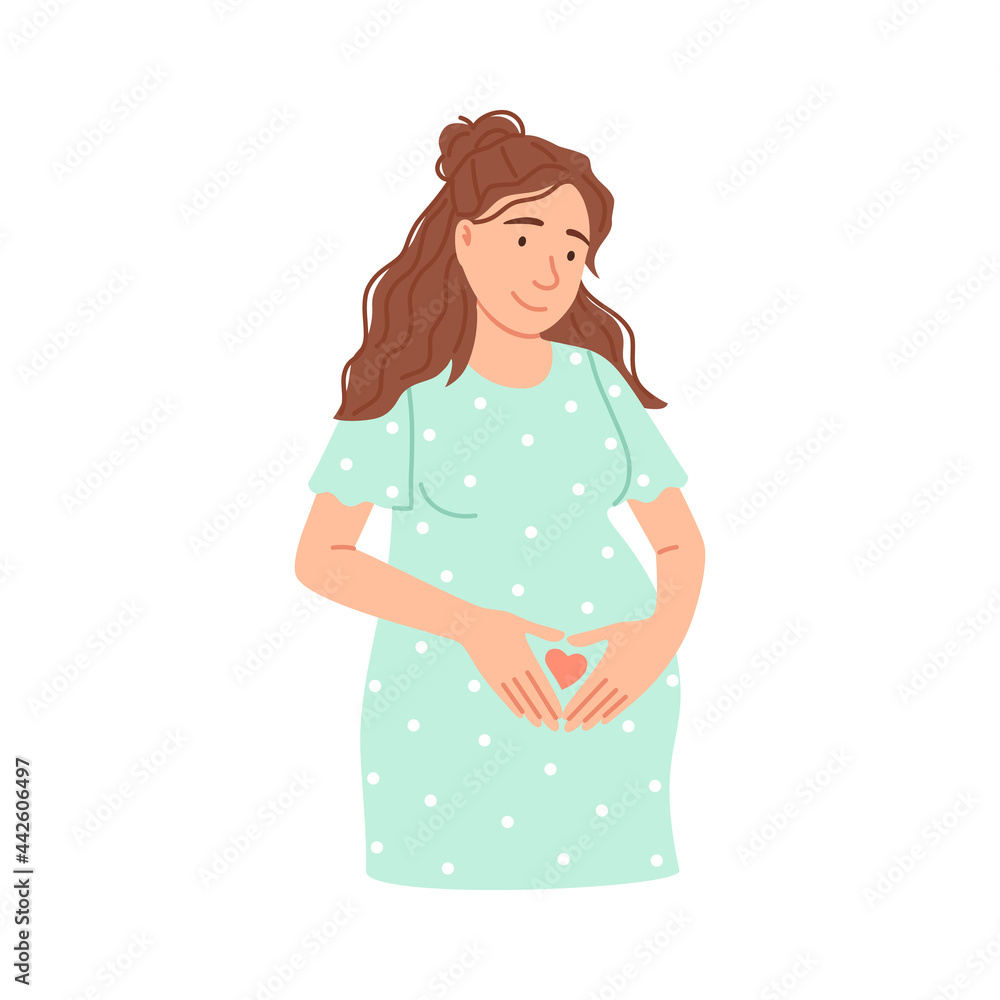 Flat pregnant woman isolated on white. Beautiful Caucasian expectant lady waiting baby birth. Pregnancy character design. Mother hold hands on belly, heart sign. Parenthood cartoon vector illustration Flat pregnant woman isolated on white. Beautiful Caucasian expectant lady waiting baby birth. Pregnancy character design. Mother hold hands on belly, heart sign. Parenthood cartoon vector illustration