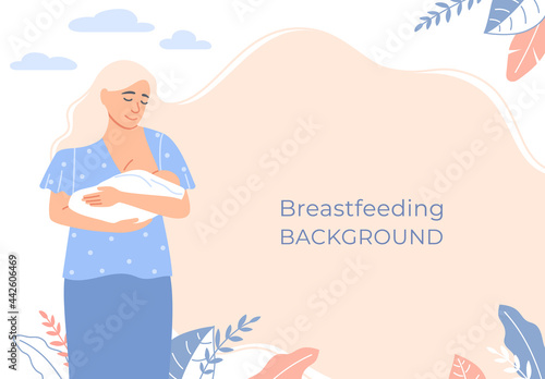Breastfeeding baby background design. Caucasian beautiful mother holding suckling son. Flat mom breast feeding her small newborn child with natural milk. Cartoon maternity banner vector illustration.