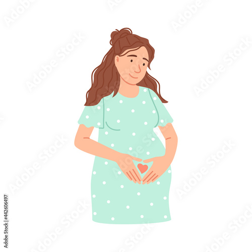 Flat pregnant woman isolated on white. Beautiful Caucasian expectant lady waiting baby birth. Pregnancy character design. Mother hold hands on belly, heart sign. Parenthood cartoon vector illustration