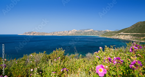 West coast of Corsica near Saint Florent, Mediterranean sea and blue sky