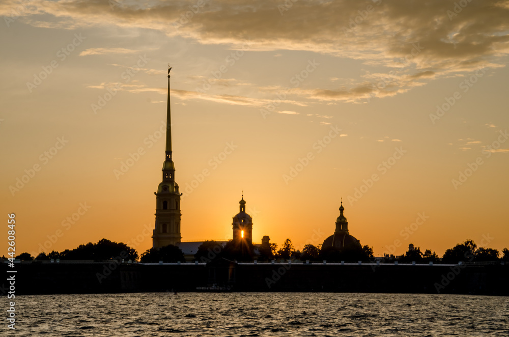 View of the Peter and Paul Fortress at sunset.