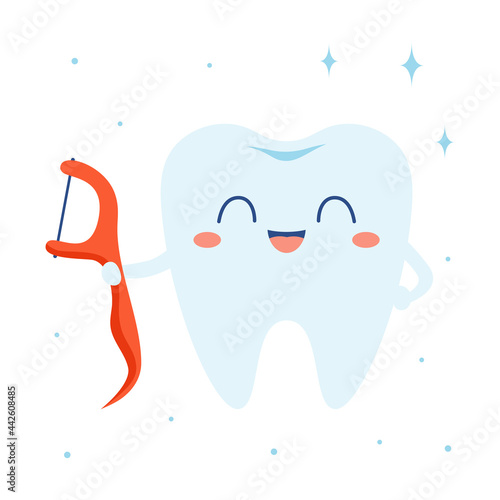 cartoon floss and tooth isolated on white