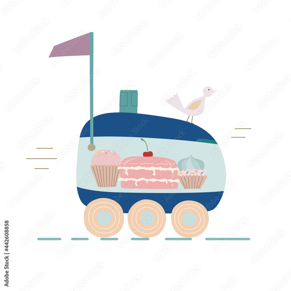 Cartoon delivery robot which is carrying sweets. Vector illustration for sticker, banner