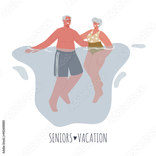 Two elderly people in bathing suits floating in the water.Older people on vacation at sea.Vector flat illustration..