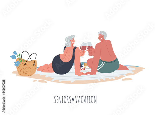 Elderly woman and man make a sea shore picnic on the beach blanket drinking wine.Vector flat illustration.