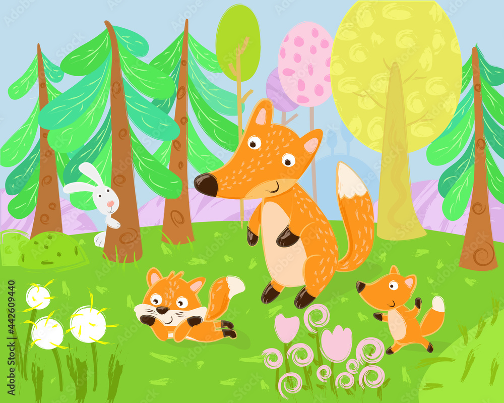 Naklejka premium Foxes in a clearing