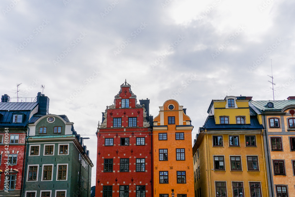 view of the colorful Stortorget Square houses in downtown Stockholm
