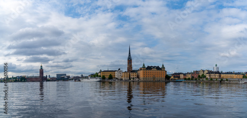 panorama cityscape view of Gamla Stan and the Riddarholmen Church in downtown Stockholm
