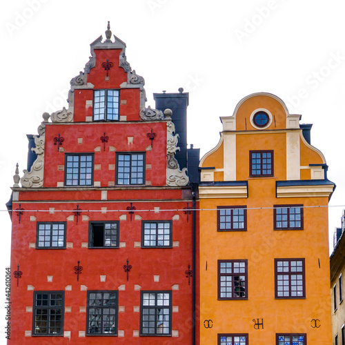 close up view of the colorful Stortorget Square houses in downtown Stockholm