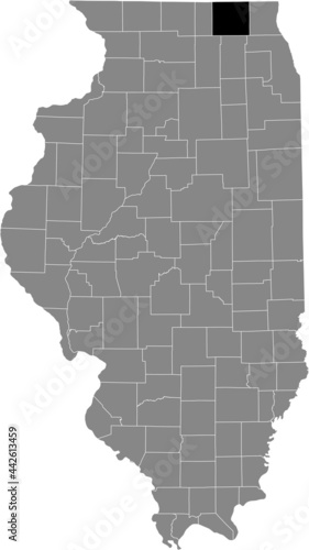 Black highlighted location map of the Illinoisan McHenry County inside gray map of the Federal State of Illinois, USA
