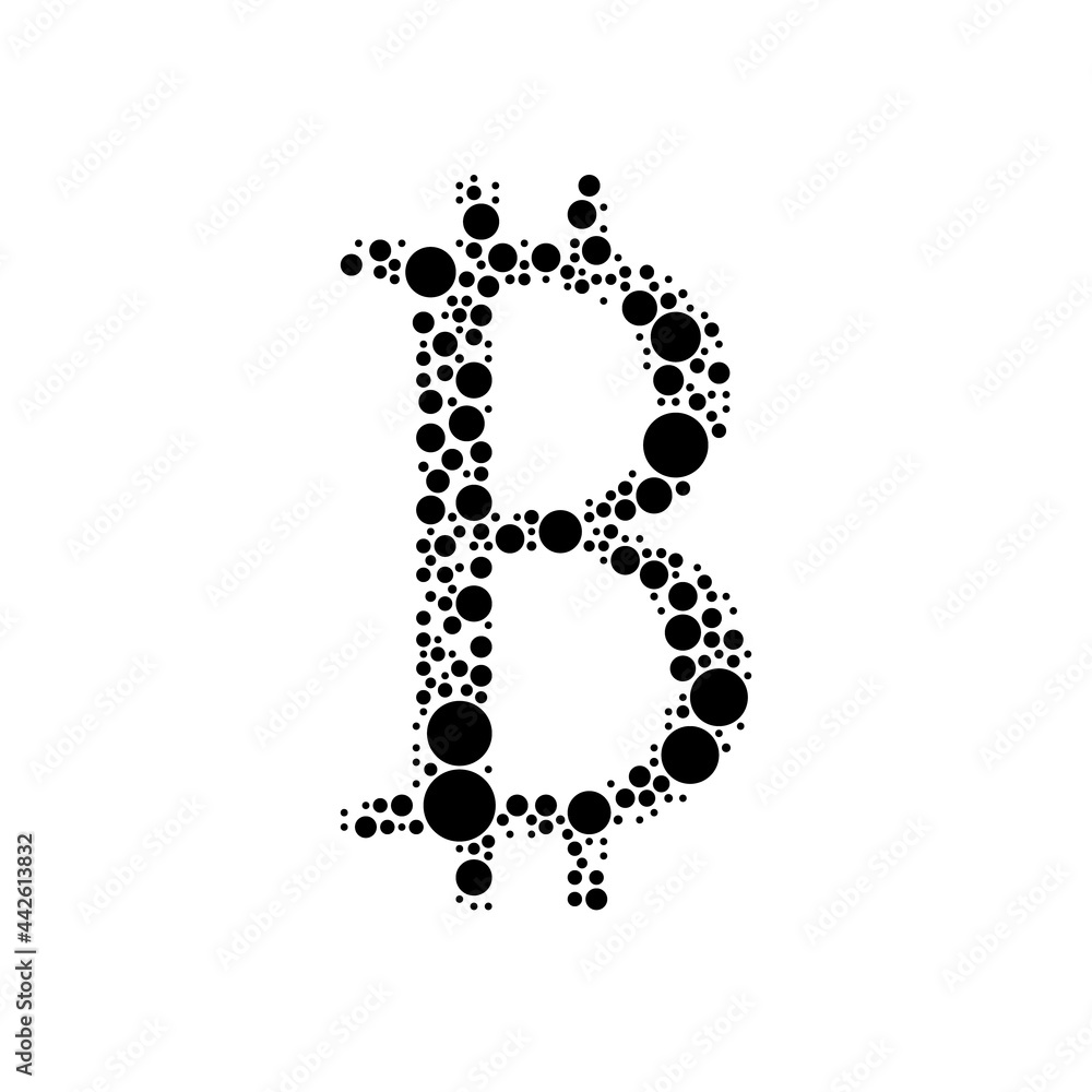 A large bitcoin symbol in the center made in pointillism style. The center symbol is filled with black circles of various sizes. Vector illustration on white background A large bitcoin symbol in the center made in pointillism style. The center symbol is filled with black circles of various sizes. Vector illustration on white background