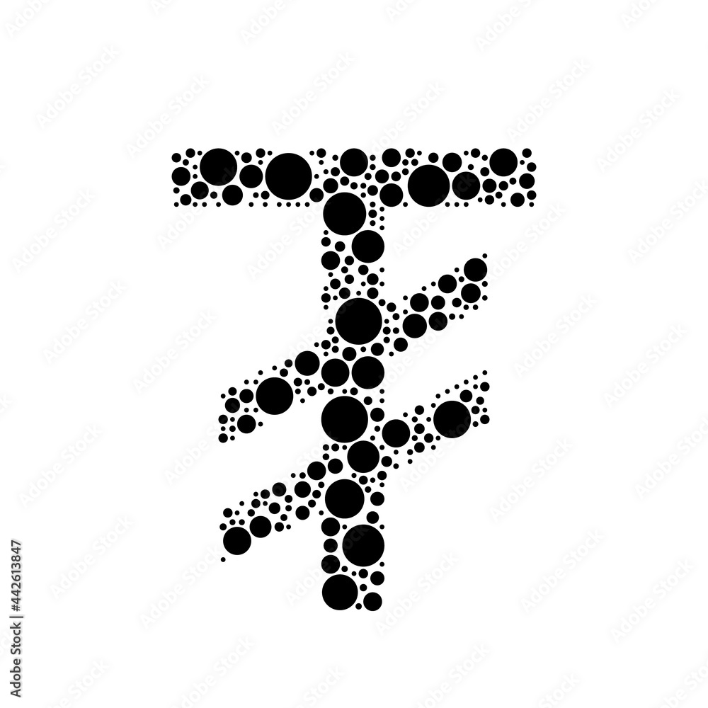 A large tugrik symbol in the center made in pointillism style. The center symbol is filled with black circles of various sizes. Vector illustration on white background A large tugrik symbol in the center made in pointillism style. The center symbol is filled with black circles of various sizes. Vector illustration on white background