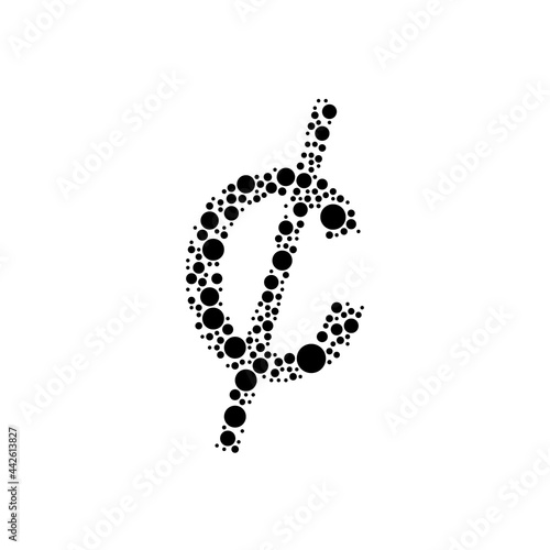 A large cent symbol in the center made in pointillism style. The center symbol is filled with black circles of various sizes. Vector illustration on white background