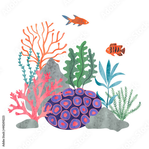 Colorful coral reef scene with sea fish. Vector watercolor marine illustration