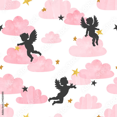 Seamless vector pattern with cute baby angels and pink watercolor clouds. 