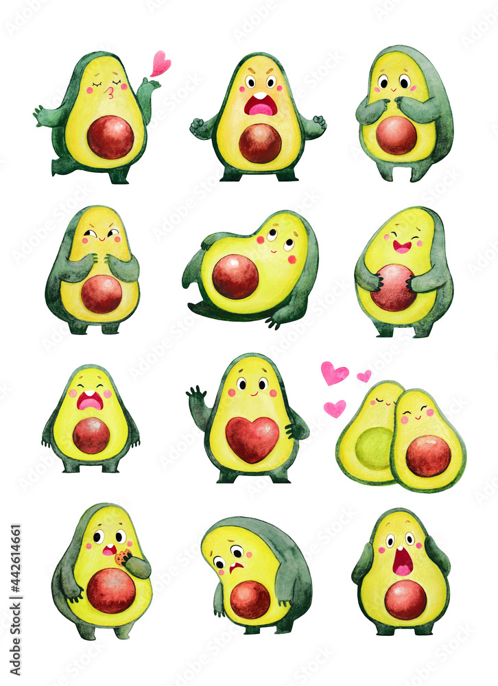 Obraz premium Cute watercolor avocados. Different emotions. A large set of hand-drawn avocados. This is a watercolor illustration for fun greeting cards and stickers.