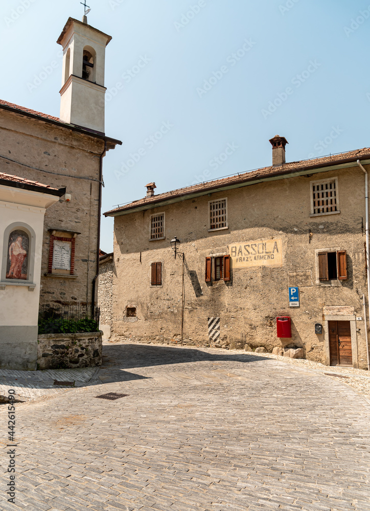 Square in the small mountain village of Bassola, hamlet of Armeno above Lake Orta in the province of Novara, Piedmont, Italy