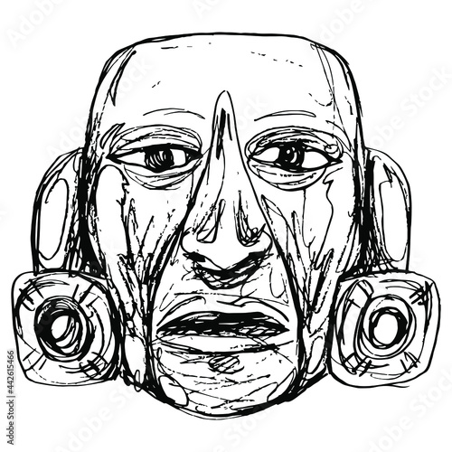 Human mask of Maya Indians from Guatemala. Native American art. Indigenous male portrait. Pre Columbian sculpture. Hand drawn linear doodle rough sketch. Black silhouette on white background.