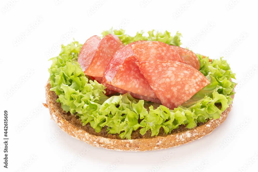 Sandwich with salami sausage on white background. Sandwich with salami sausage on white background.
