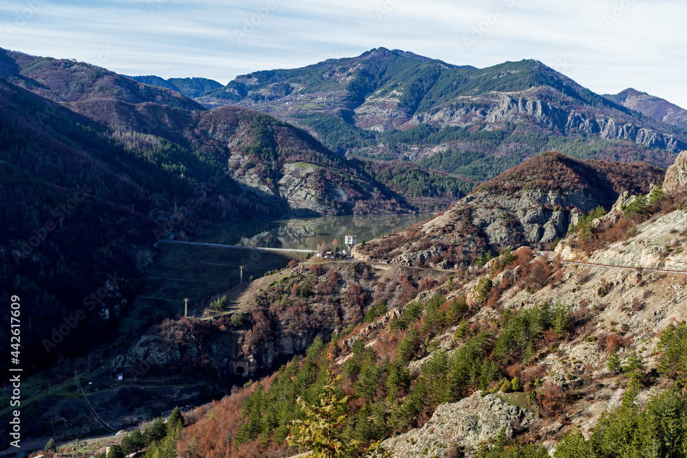 landscape of Rhodope Mountains near Borovitsa Reservoir, Bulgaria landscape of Rhodope Mountains near Borovitsa Reservoir, Bulgaria