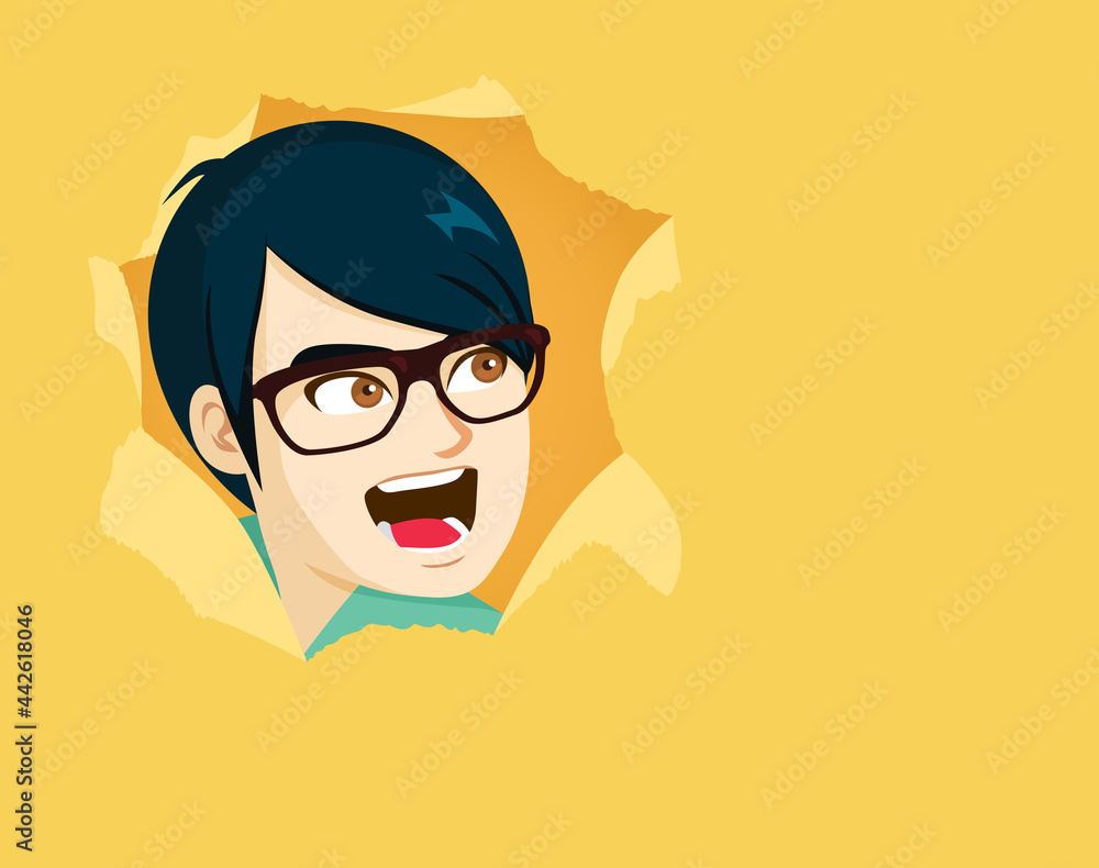 Man looking through torn yellow paper hole screaming surprised Man looking through torn yellow paper hole screaming surprised