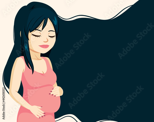 Beautiful pregnant woman with long hair copyspace background