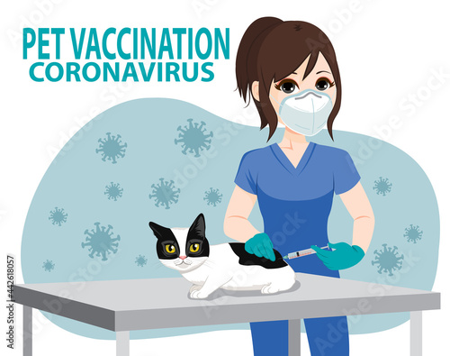 Female veterinarian vaccinating cat on coronavirus pet vaccination campaign concept