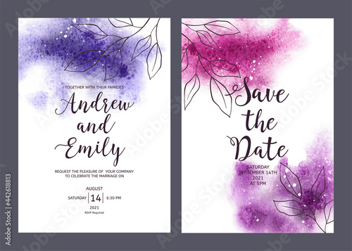 Wedding invitation card with abstract watercolor background and hand drawn le...