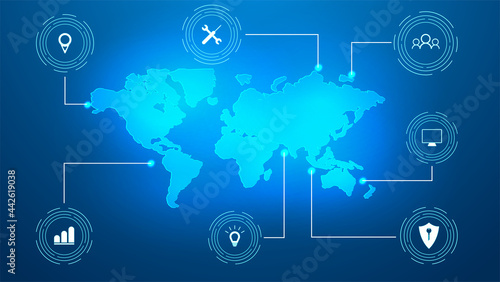 Internet of things (IoT) and networking concept for connected devices. Spider web of network connections with on a futuristic blue background. Innovation sign. Digital design concept. IoT hologram