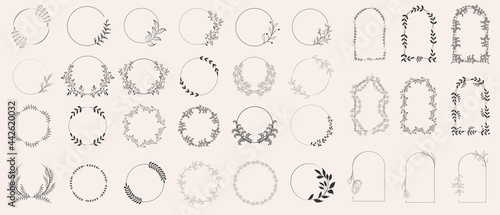 Set of laurels frames branches. Vintage laurel wreaths collection. Floral wreaths with leaves, berries. Decorative elements for design. Doodle vector illustration plants. Isolated on white background.