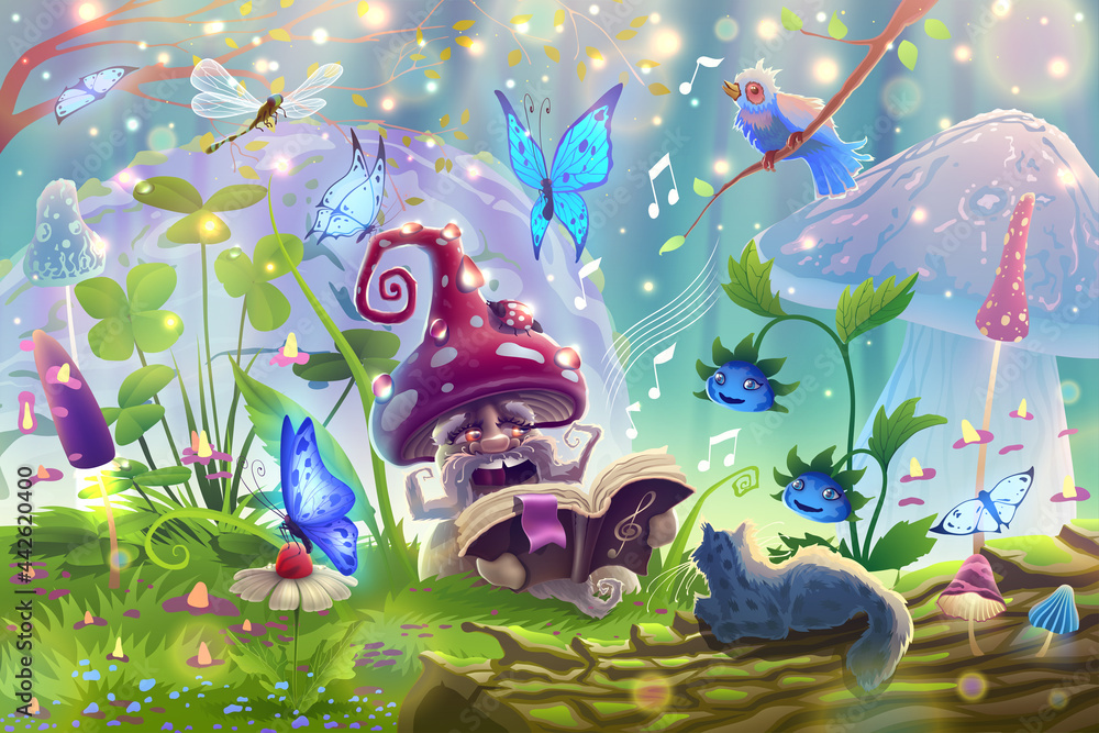 Mushroom in magic forest with fantasy wild animals in summer garden  landscape sings a song among the trees, butterflies, sunlight, pets,  berries on the meadow with green grass in vector. Stock Vector |