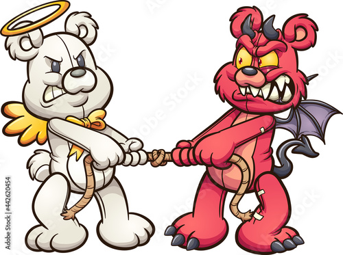 Angel and devil teddy bears in a tug of war. Vector clip art illustration with simple gradients. All on a single layer.

