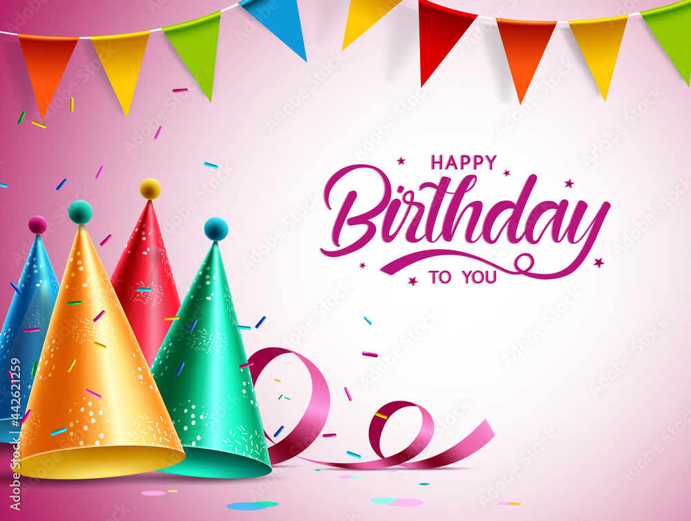 Happy birthday vector banner design. Happy birthday to you text with colorful kids party elements like party hats and pennants for child birth day celebration. Vector illustration Векторный объект Stock