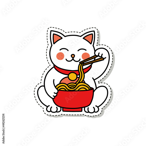 maneki neko doodle sticker icon  japanese lucky cat  vector color line illustration
