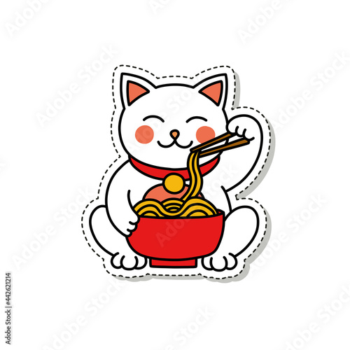 maneki neko doodle sticker icon, japanese lucky cat, vector color line illustration