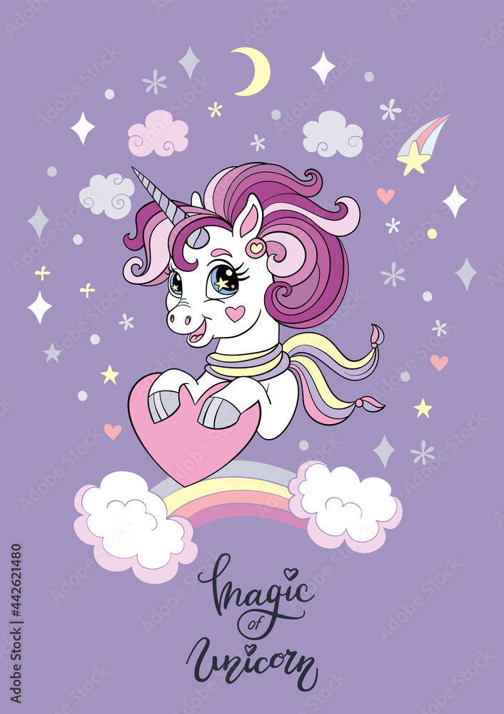 Cartoon trendy unicorn with hearts vector poster