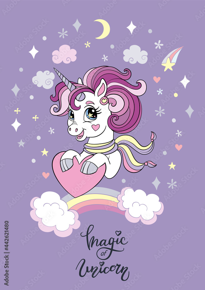 Cartoon trendy unicorn with hearts vector poster Cartoon trendy unicorn with hearts vector poster